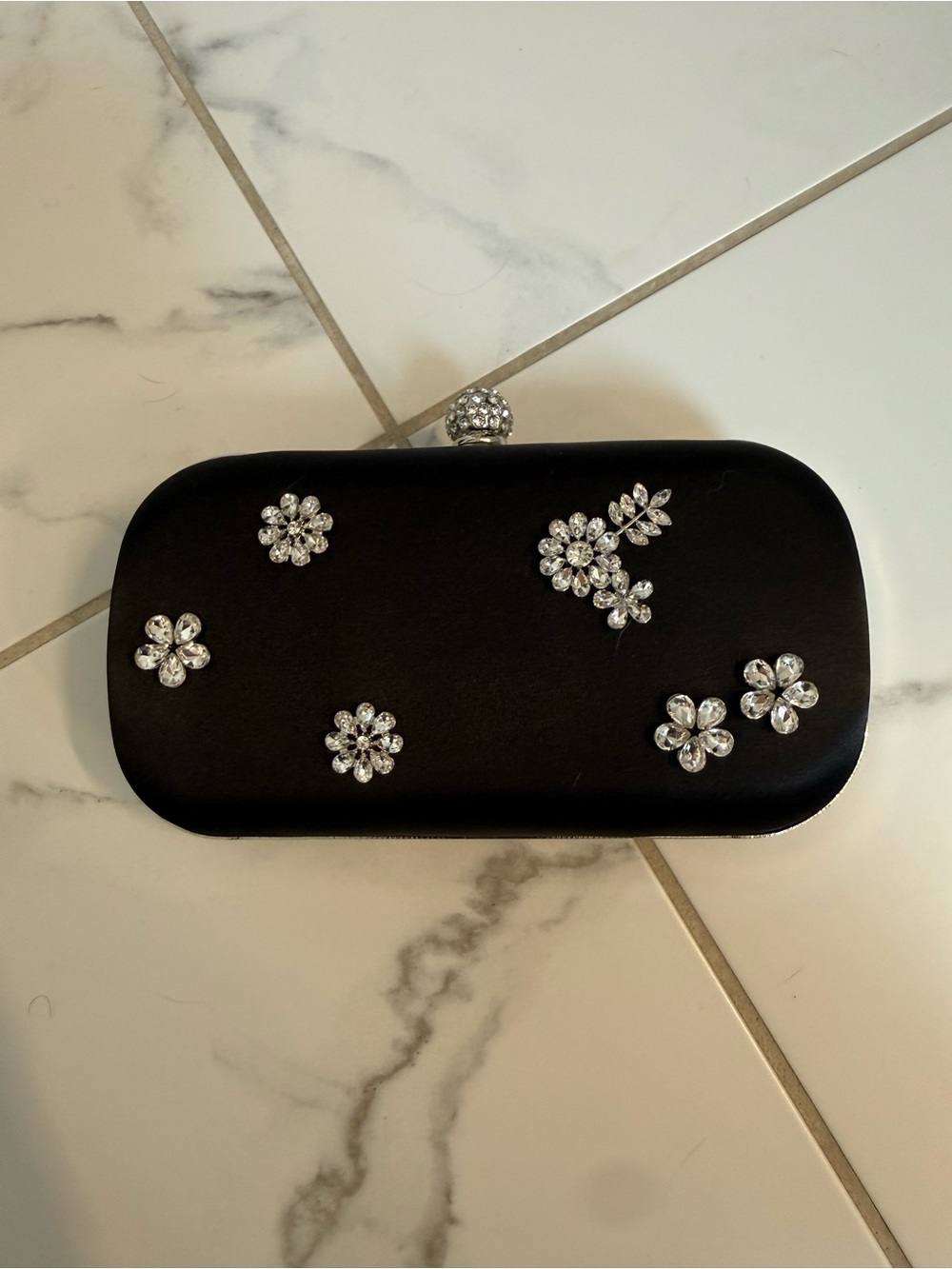 Express Black Satin Clutch with Crystal Floral Accents